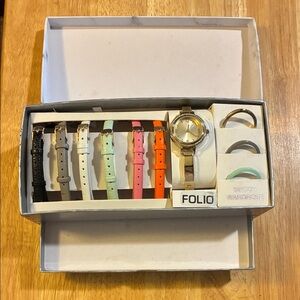 Folio Watch Set with Interchangeable Straps- Brand New In Box-NEEDS BATTERY.